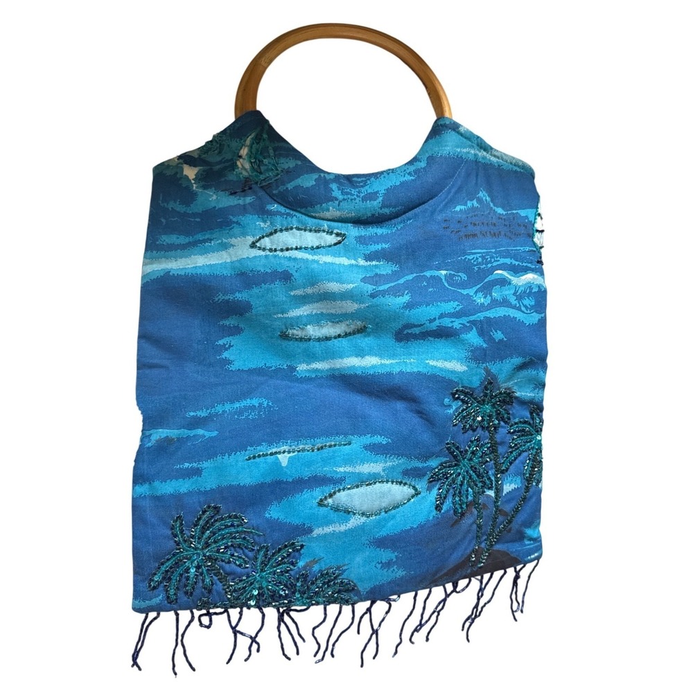 Vtg Q&A Tropical Blue Beaded Palm Tree Sailboat Bamboo Handle Tote Bag Fringe